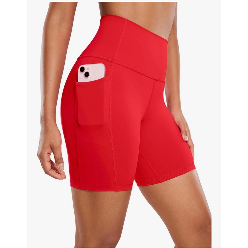 CRZ YOGA Red High-Waist Bike Shorts with Side Phone Pocket